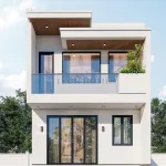 Phối cảnh mặt tiền mẫu nhà phố 2 tầng hiện đại mái bằng tối giản tại Nghệ An.