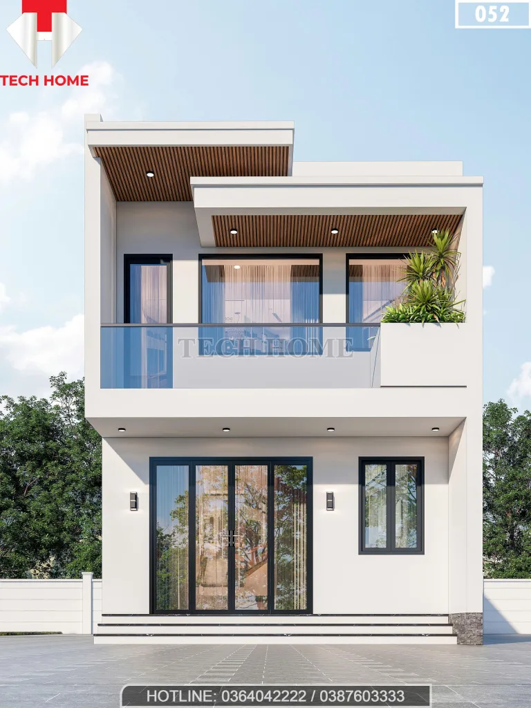 Phối cảnh mặt tiền mẫu nhà phố 2 tầng hiện đại mái bằng tối giản tại Nghệ An.