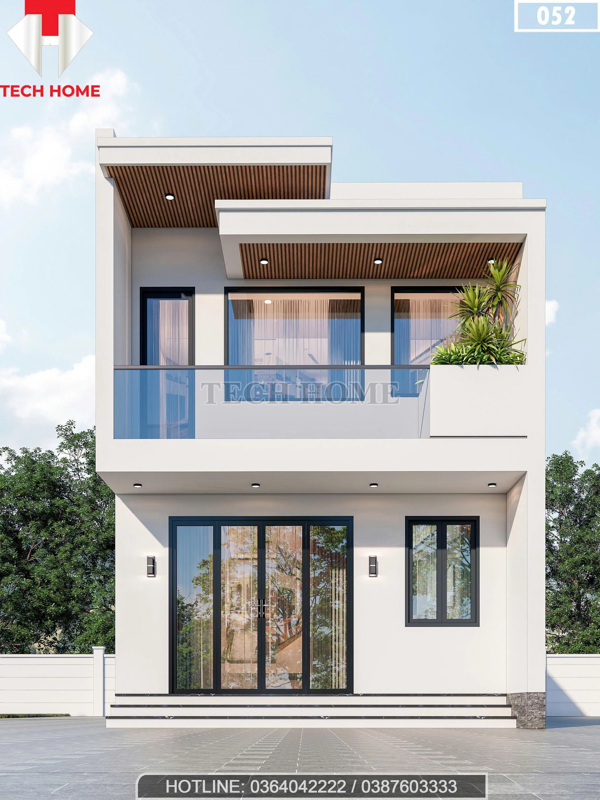 Phối cảnh mặt tiền mẫu nhà phố 2 tầng hiện đại mái bằng tối giản tại Nghệ An.