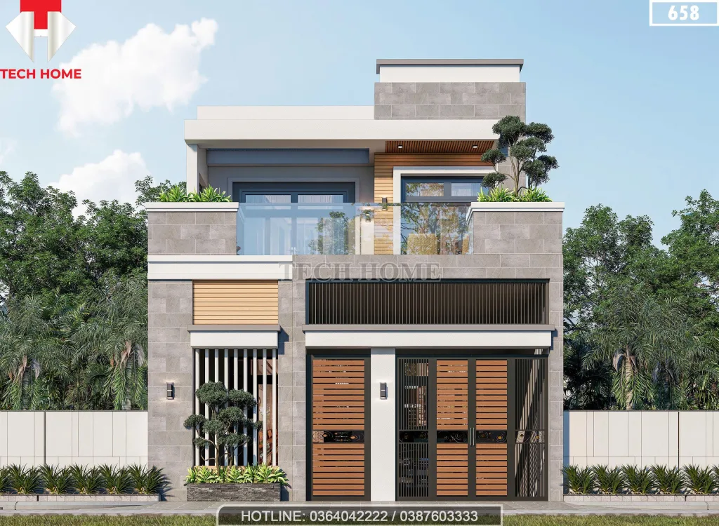 Phối cảnh mặt tiền chính diện mẫu nhà phố 2 tầng hiện đại tại Hải Phòng của anh Khánh.