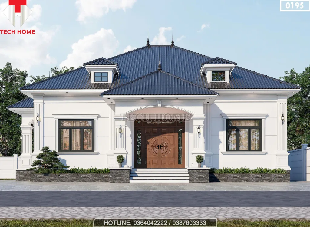 Phối cảnh mặt tiền mẫu nhà vườn 1 tầng 4 phòng ngủ mái Nhật sang trọng tại Phú Thọ.