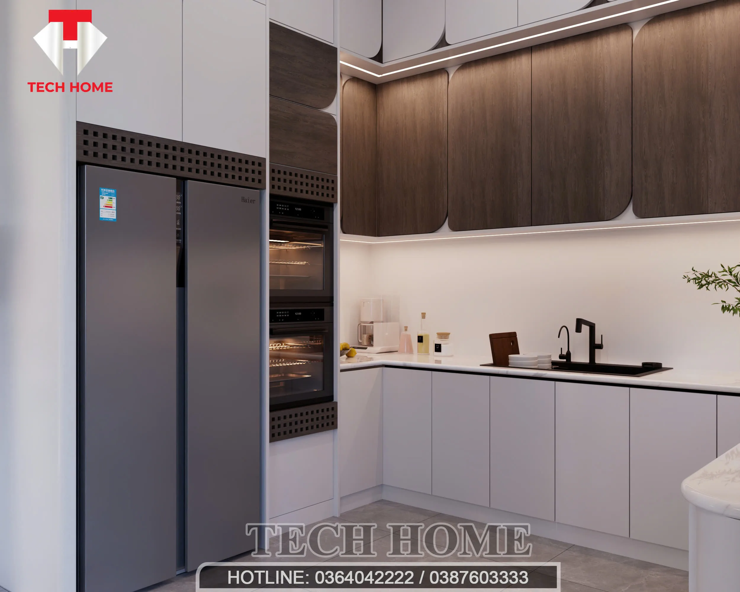 Thiết kế nội thất phòng bếp hiện đại 24m2 với tủ bếp kịch trần và thiết bị âm tủ.