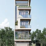 Phối cảnh mặt tiền mẫu nhà phố hiện đại 5 tầng tại Sóc Sơn thiết kế sang trọng bởi Techhome.