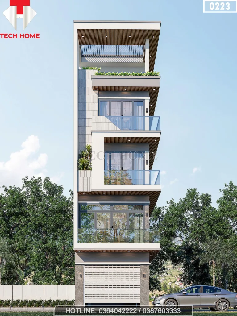 Phối cảnh mặt tiền mẫu nhà phố hiện đại 5 tầng tại Sóc Sơn thiết kế sang trọng bởi Techhome.