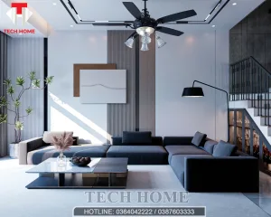 Phối cảnh phòng khách nội thất hiện đại sang trọng với sofa xám và hệ đèn LED âm trần hiện đại.