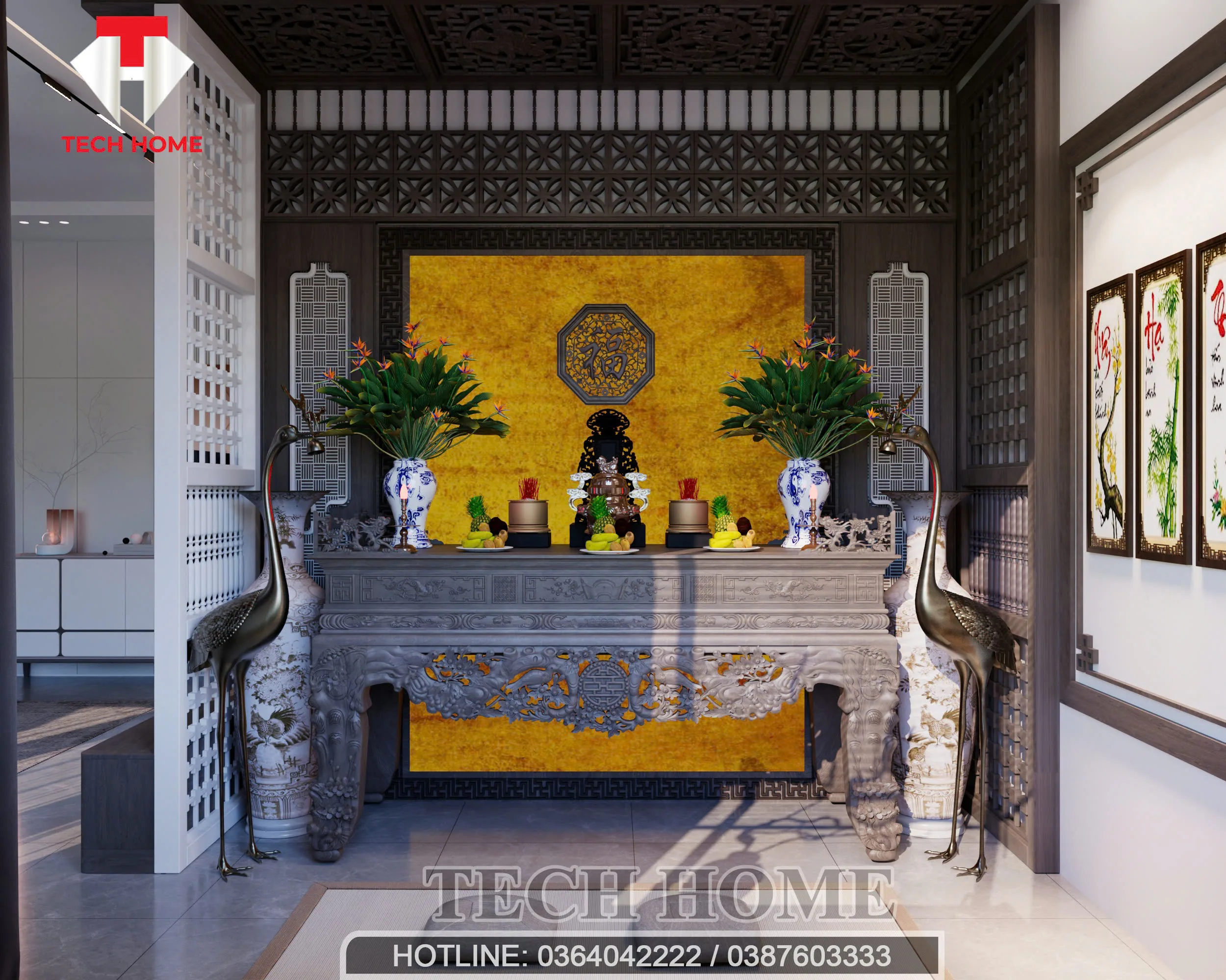 Nội thất phòng thờ 10m2 trang nghiêm với án gian gỗ và tranh trúc chỉ.