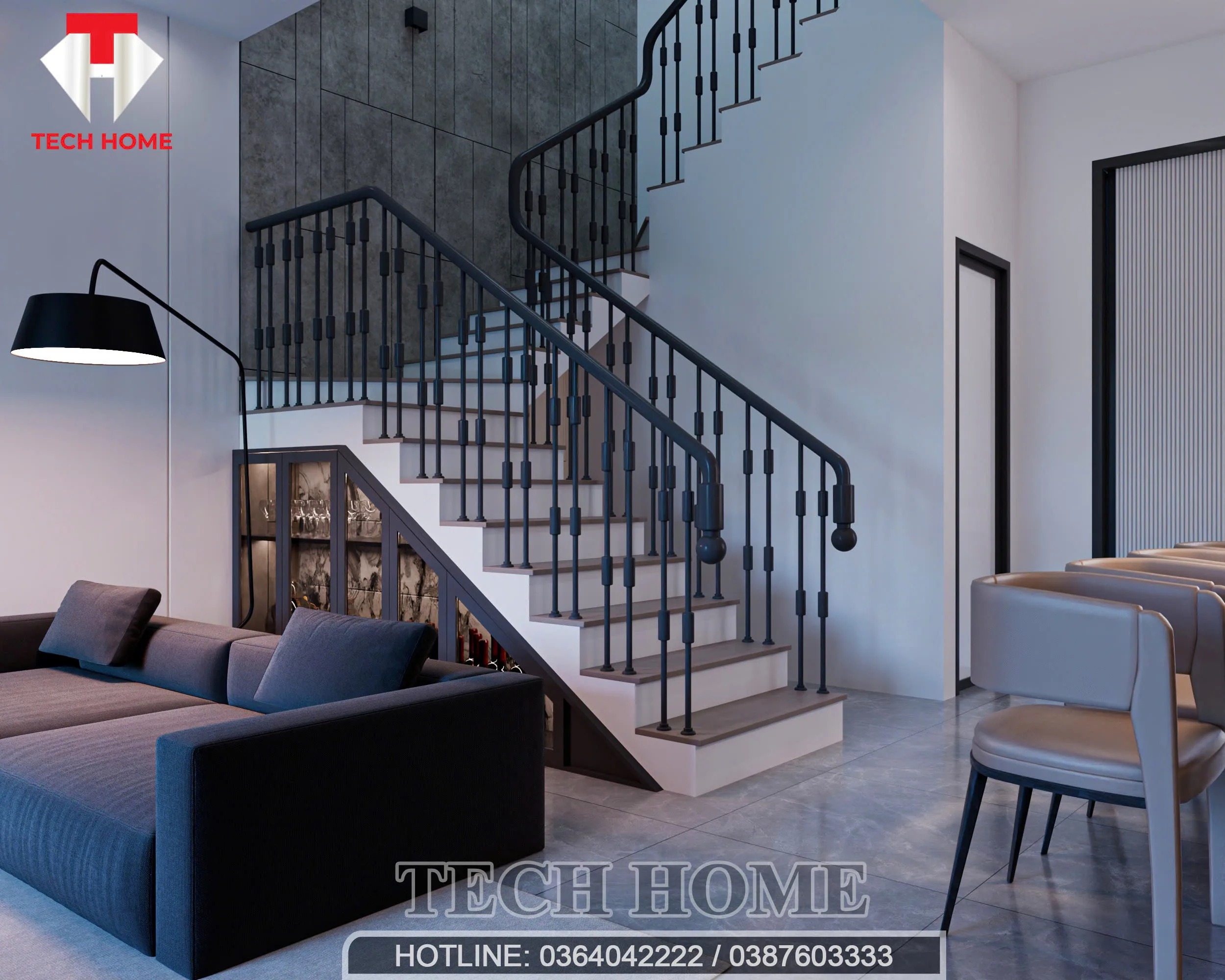 Chi tiết cầu thang và tủ rượu gầm thang tinh tế trong không gian nội thất hiện đại sang trọng.