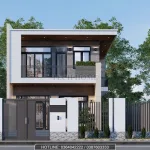 Phối cảnh mặt tiền mẫu thiết kế nhà đẹp tại Hưng Yên phong cách hiện đại 2 tầng của anh Nguồn.