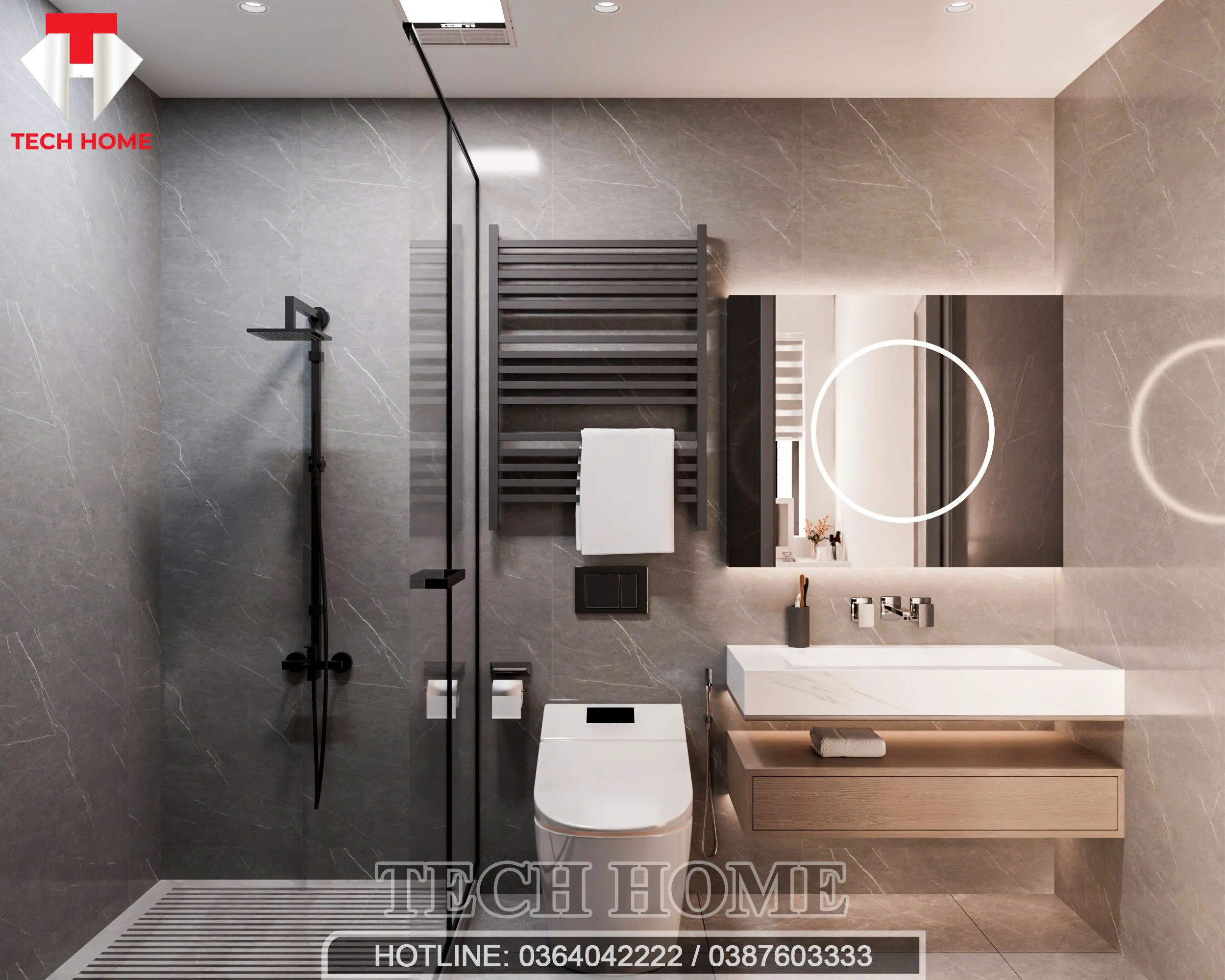Không gian nhà vệ sinh cao cấp với gương LED và gạch ốp đá trong gói nội thất hiện đại sang trọng.