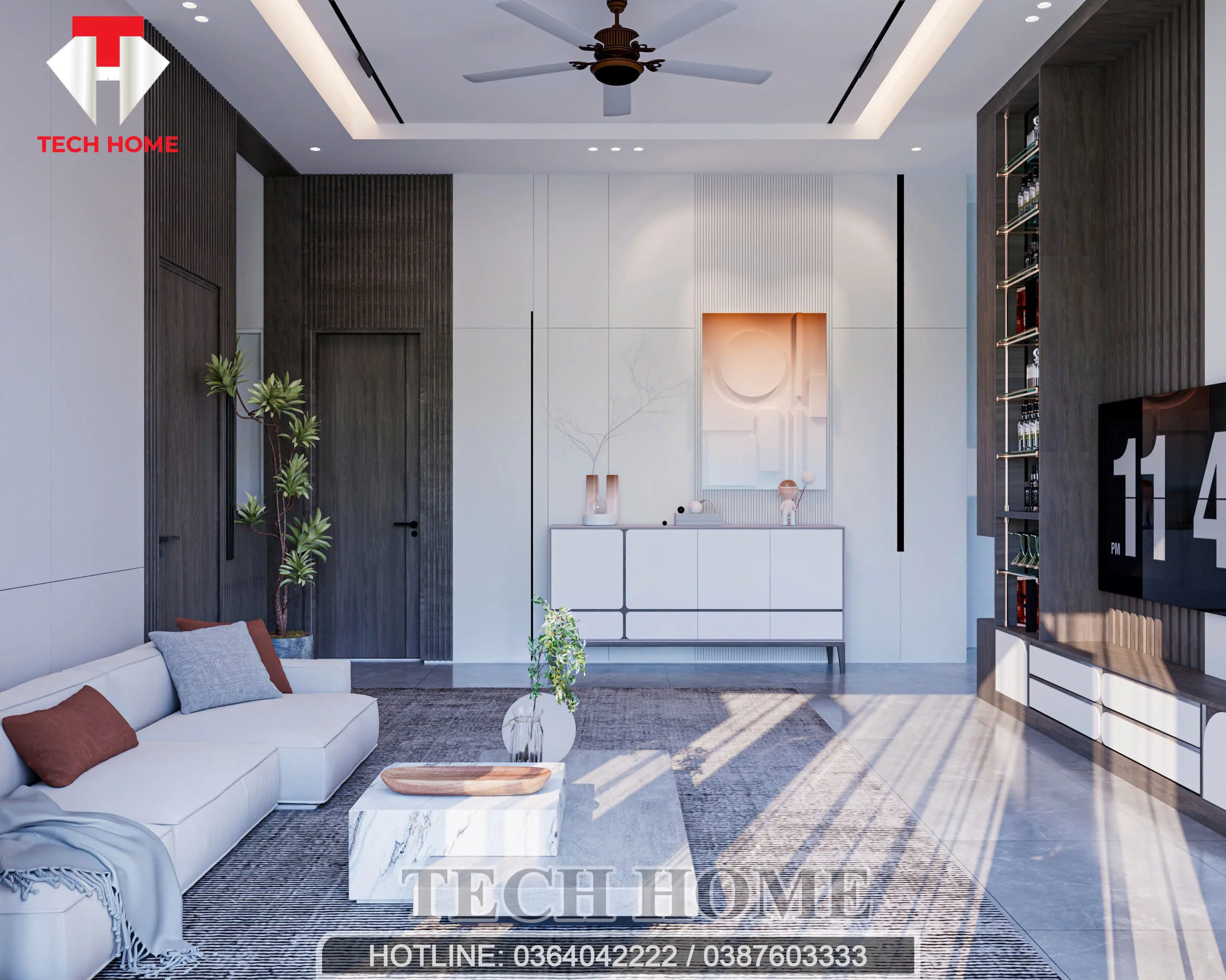 Nội thất phòng khách hiện đại 26m2 sang trọng với vách nan gỗ và sofa trắng.