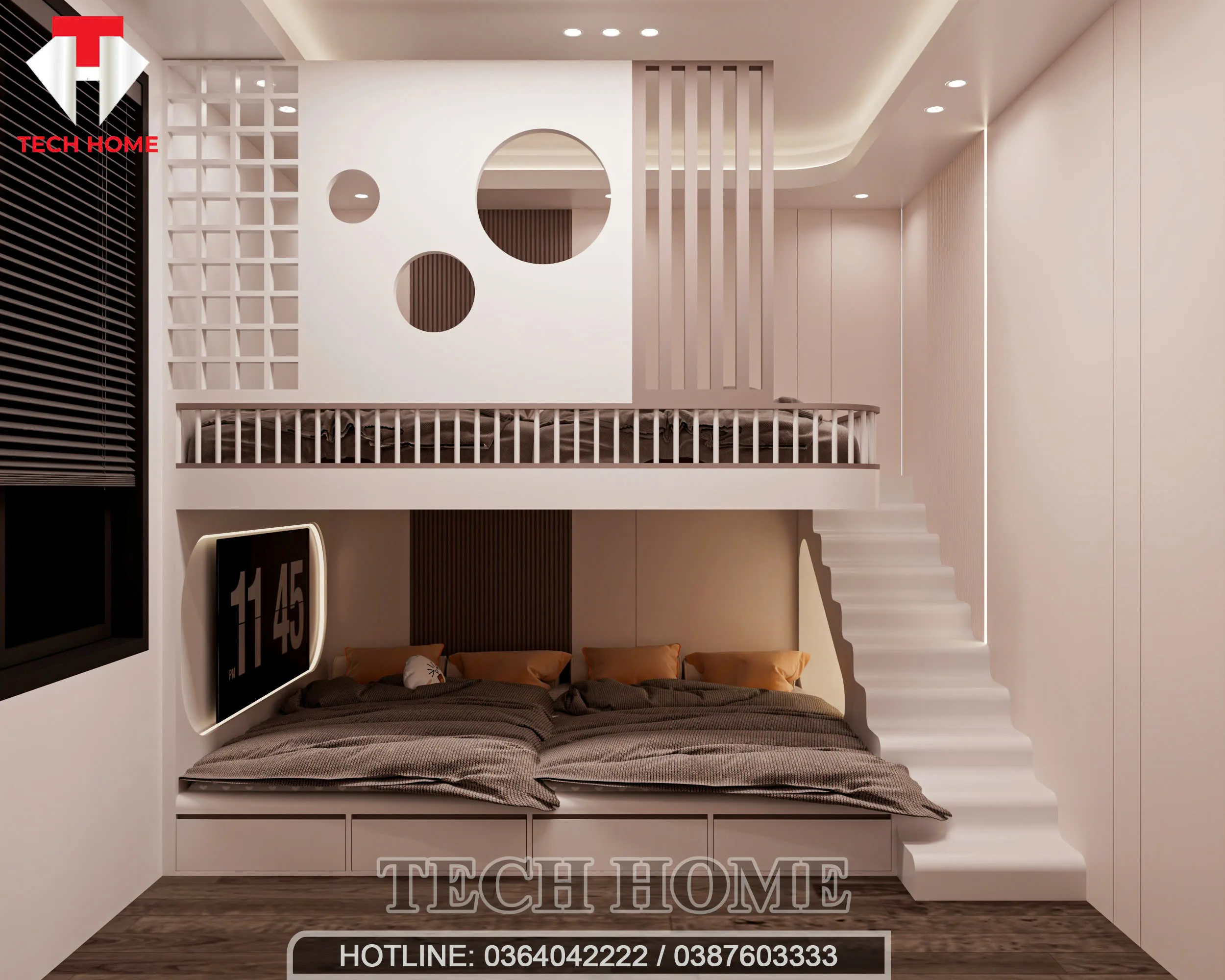 Mẫu giường tầng thông minh trong thiết kế nội thất phòng ngủ trẻ em hiện đại.