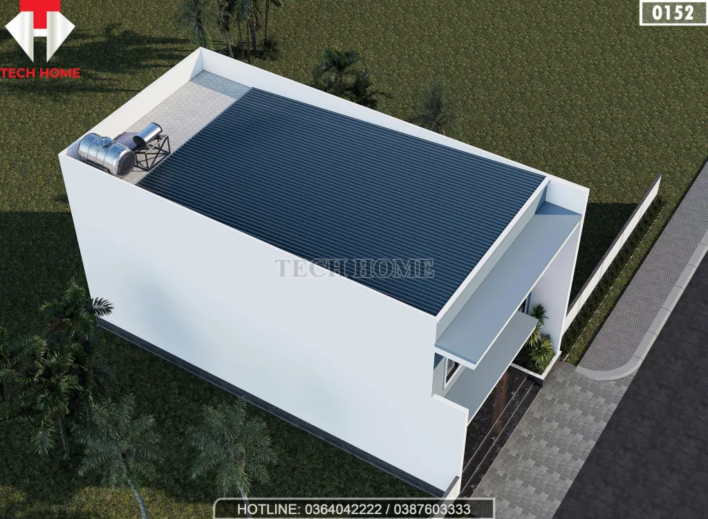 Tổng thể hệ mái và giải pháp thoát nước cho mẫu nhà ống 2 tầng hiện đại.