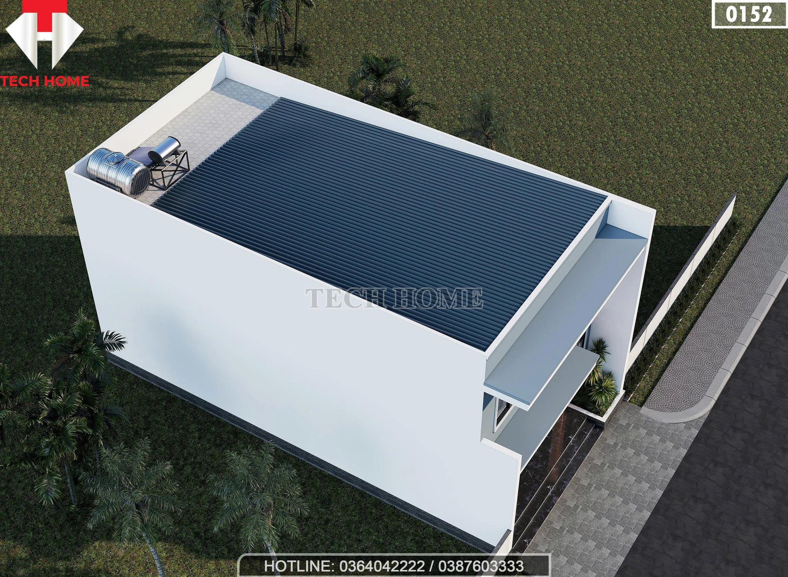 Tổng thể hệ mái và giải pháp thoát nước cho mẫu nhà ống 2 tầng hiện đại.