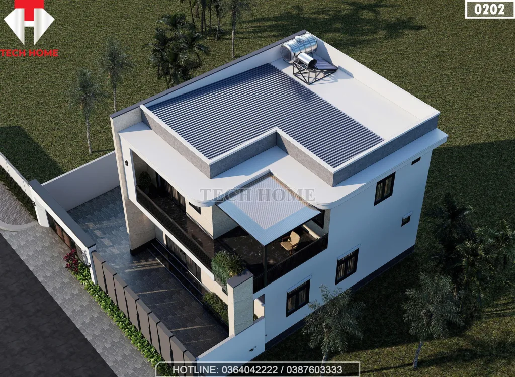 Tổng thể mẫu nhà 2 tầng hiện đại mái bằng có sân chơi rộng 22m2 trên tầng 2.