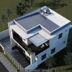 Tổng thể mẫu nhà 2 tầng hiện đại mái bằng có sân chơi rộng 22m2 trên tầng 2.