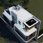 Tổng thể mẫu nhà ống 3 tầng đẹp nhìn từ trên cao, bố trí hệ thống bồn nước và năng lượng mặt trời.