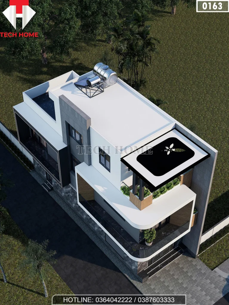 Tổng thể mẫu nhà ống 3 tầng đẹp nhìn từ trên cao, bố trí hệ thống bồn nước và năng lượng mặt trời.