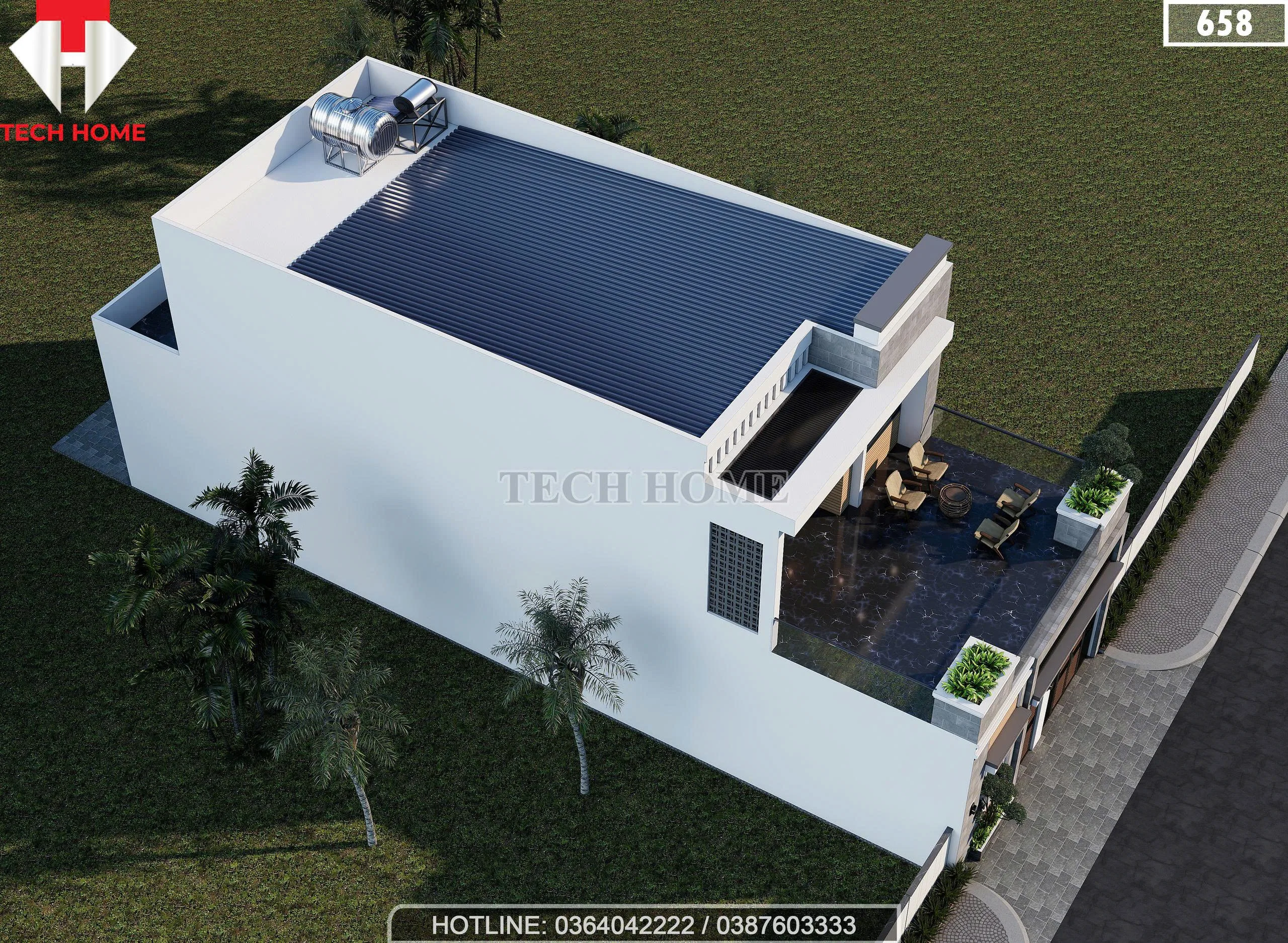 Tổng thể phối cảnh từ trên cao mẫu nhà phố 2 tầng hiện đại tại Hải Phòng diện tích 243m2.