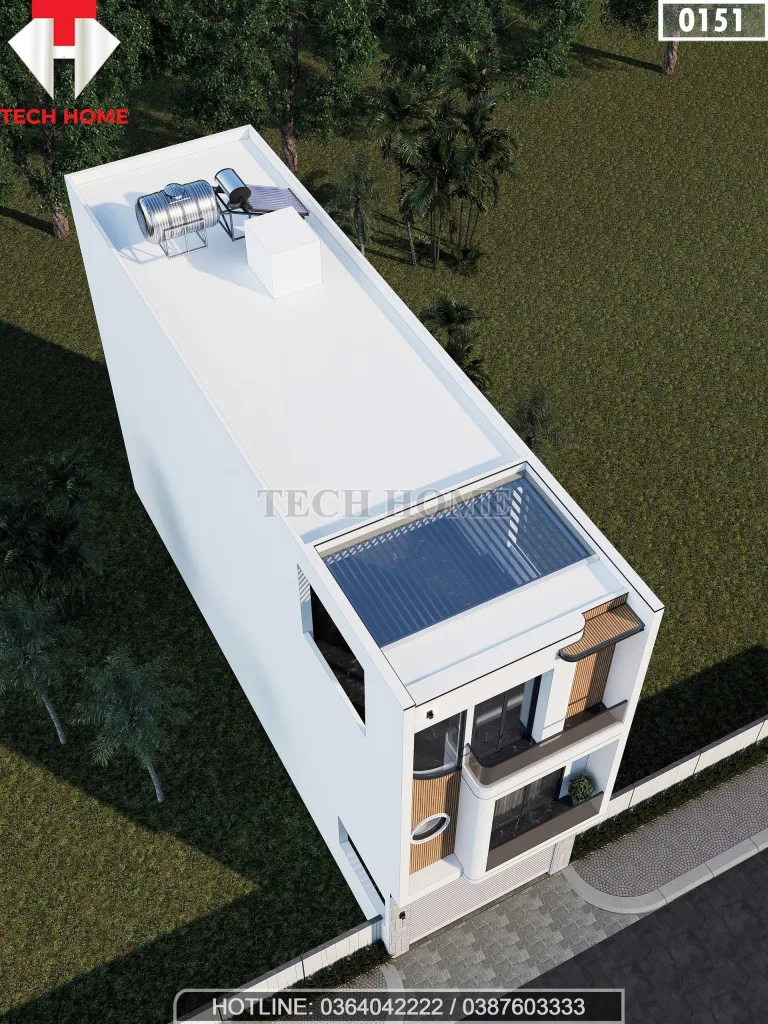 Tổng thể mẫu nhà phố 3 tầng hiện đại tại Hải Phòng nhìn từ trên cao với hệ thống pin mặt trời.