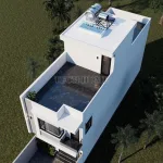 Phối cảnh trên cao mẫu nhà 2 tầng 1 tum hiện đại có sân thượng, sân phơi và giếng trời đón gió.