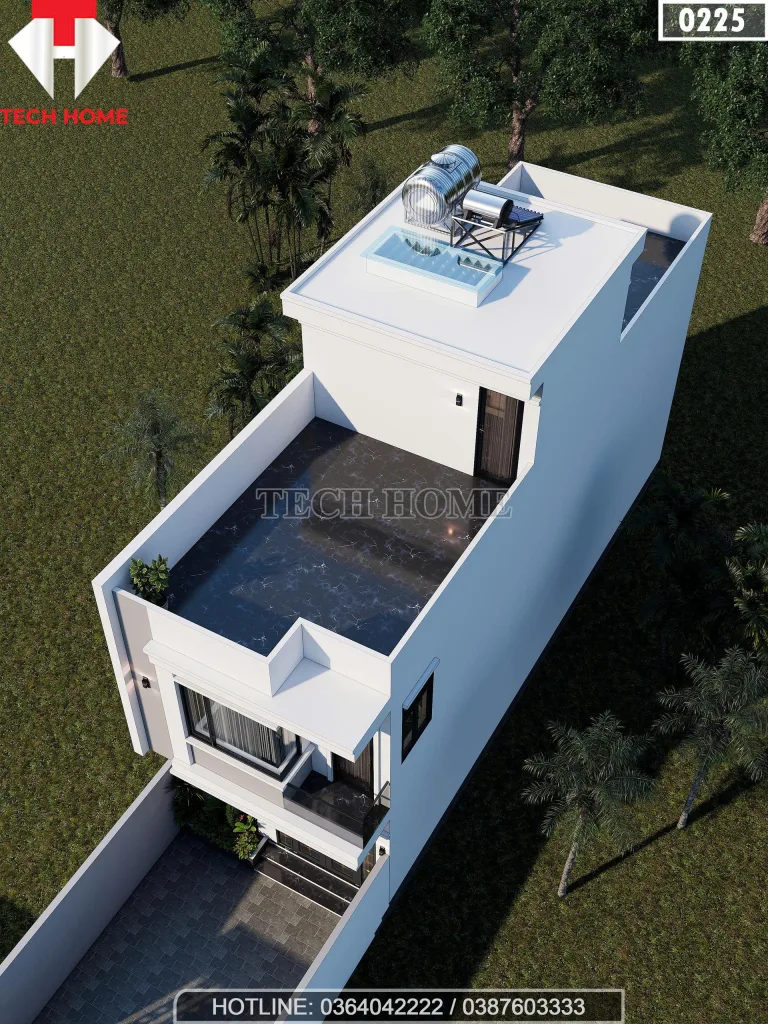 Phối cảnh trên cao mẫu nhà 2 tầng 1 tum hiện đại có sân thượng, sân phơi và giếng trời đón gió.