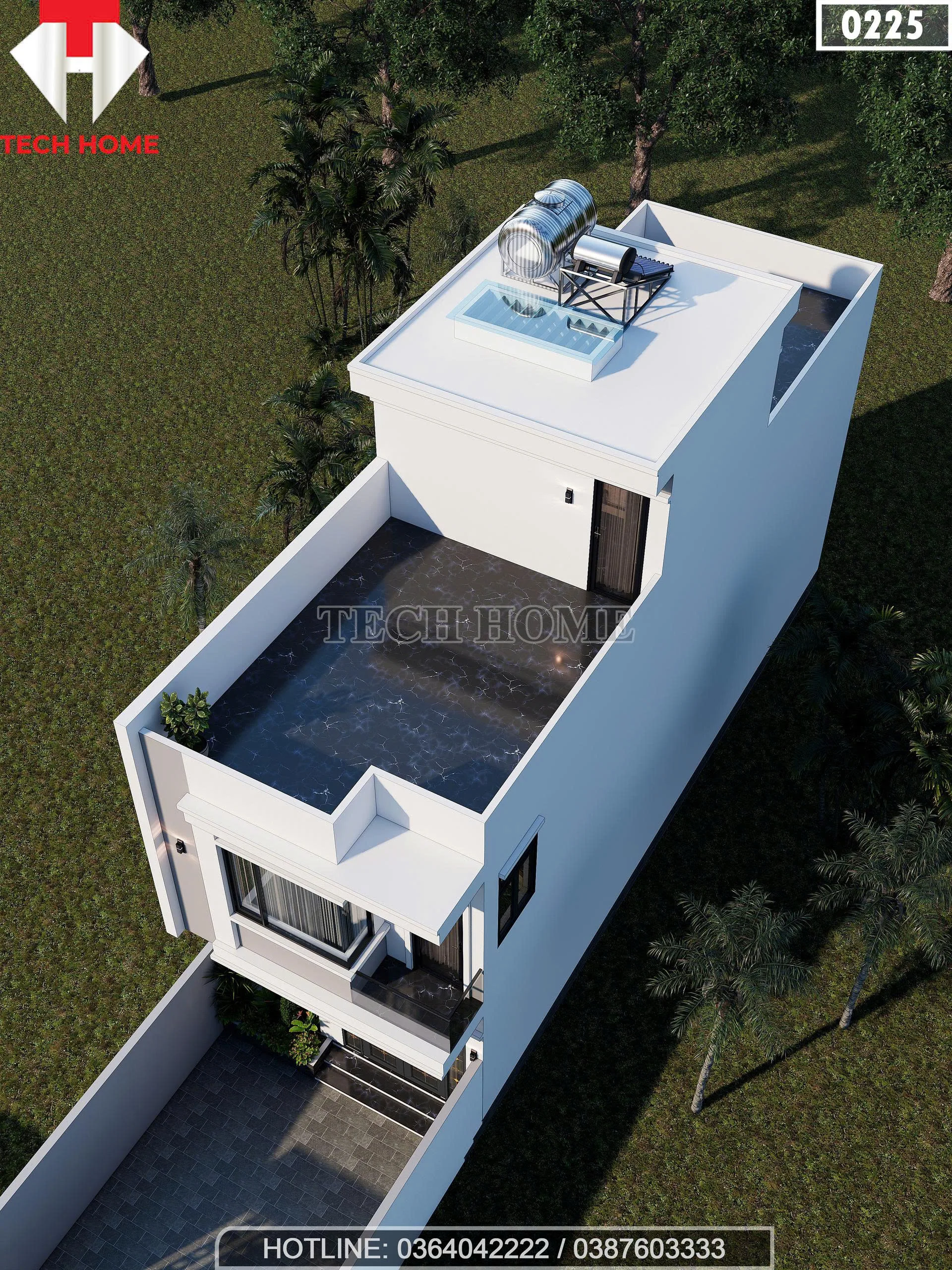 Phối cảnh trên cao mẫu nhà 2 tầng 1 tum hiện đại có sân thượng, sân phơi và giếng trời đón gió.