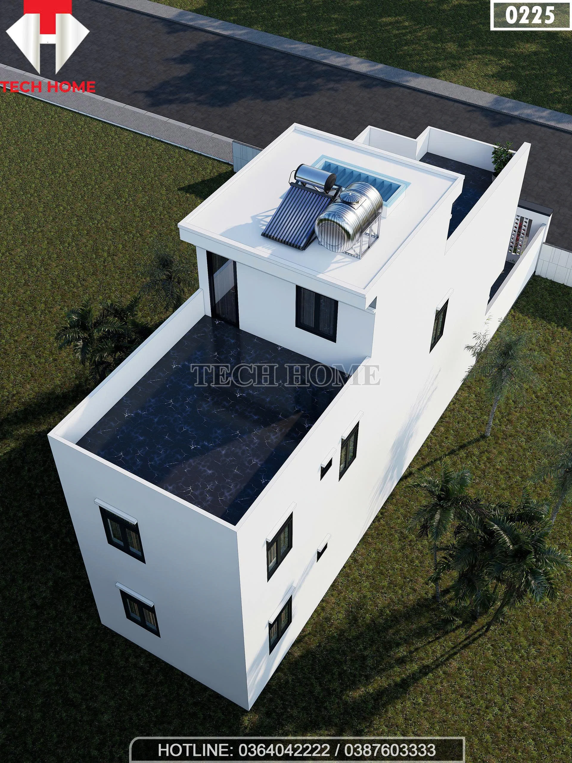 Tổng thể mặt sau mẫu nhà phố 2 tầng 1 tum hiện đại