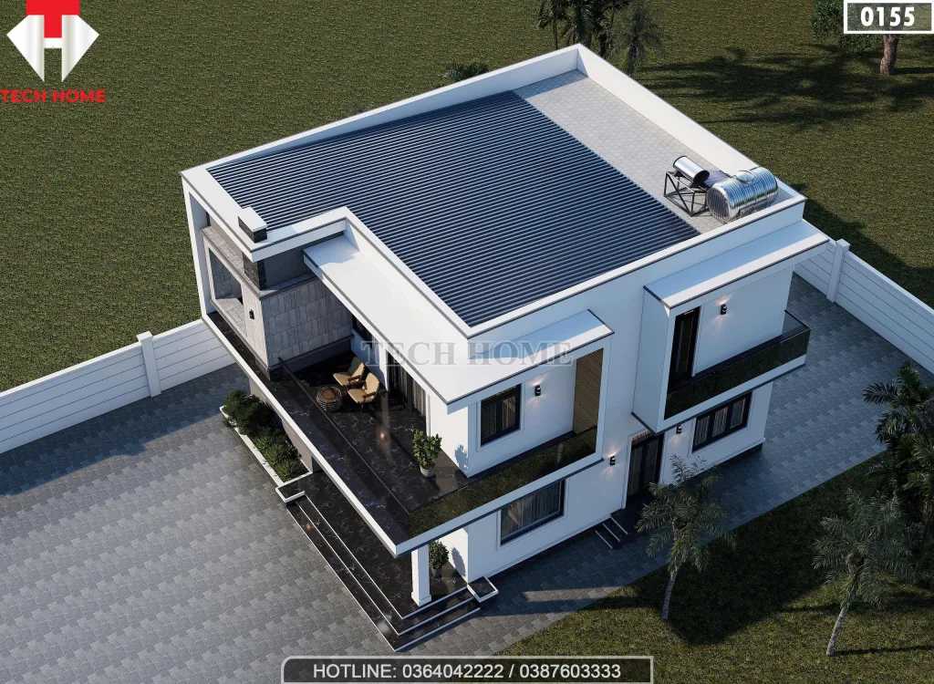 Tổng thể mẫu nhà 2 tầng hiện đại mái bằng nhìn từ trên cao mã số 0155 Techhome.