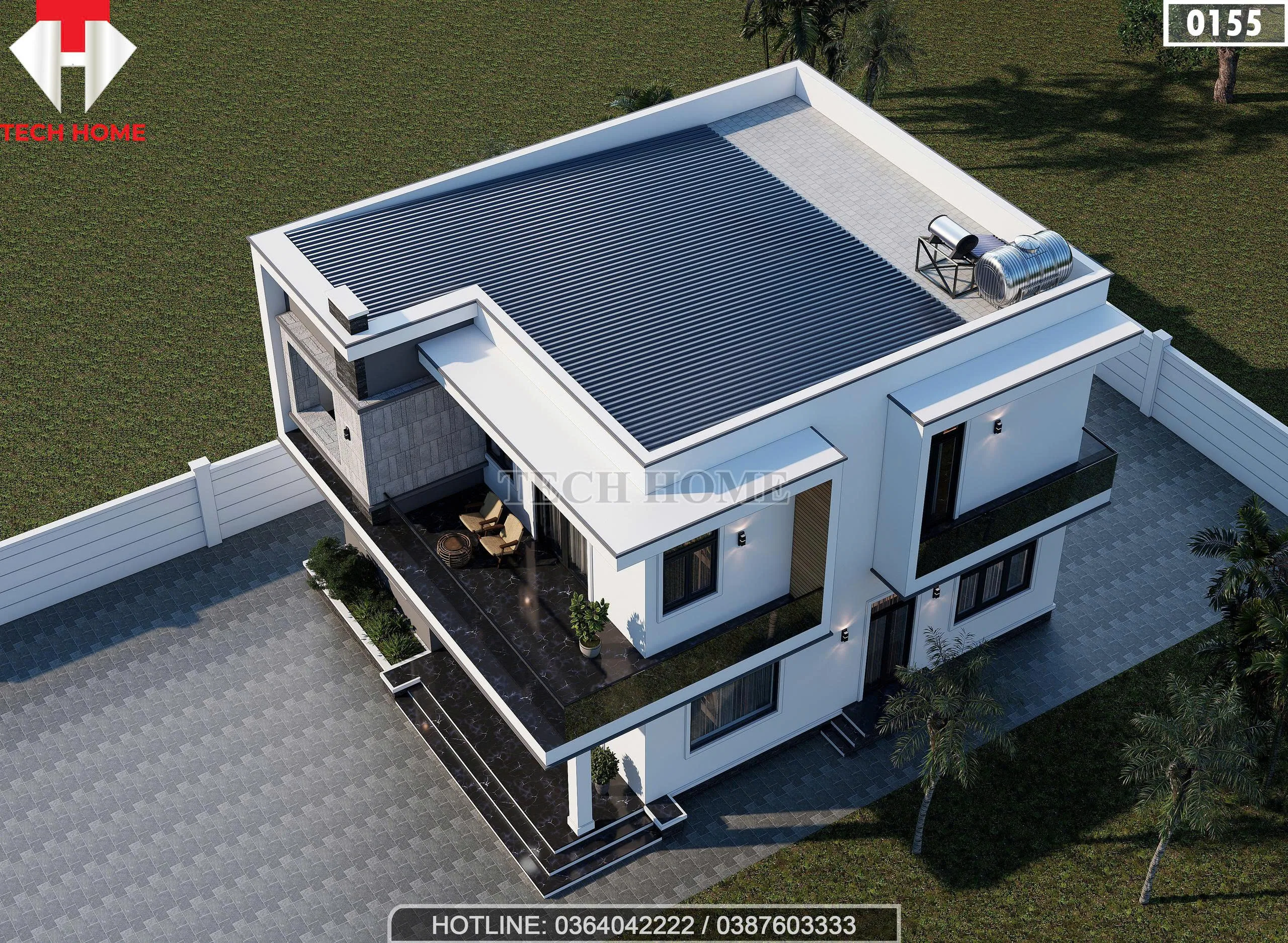 Tổng thể mẫu nhà 2 tầng hiện đại mái bằng nhìn từ trên cao mã số 0155 Techhome.