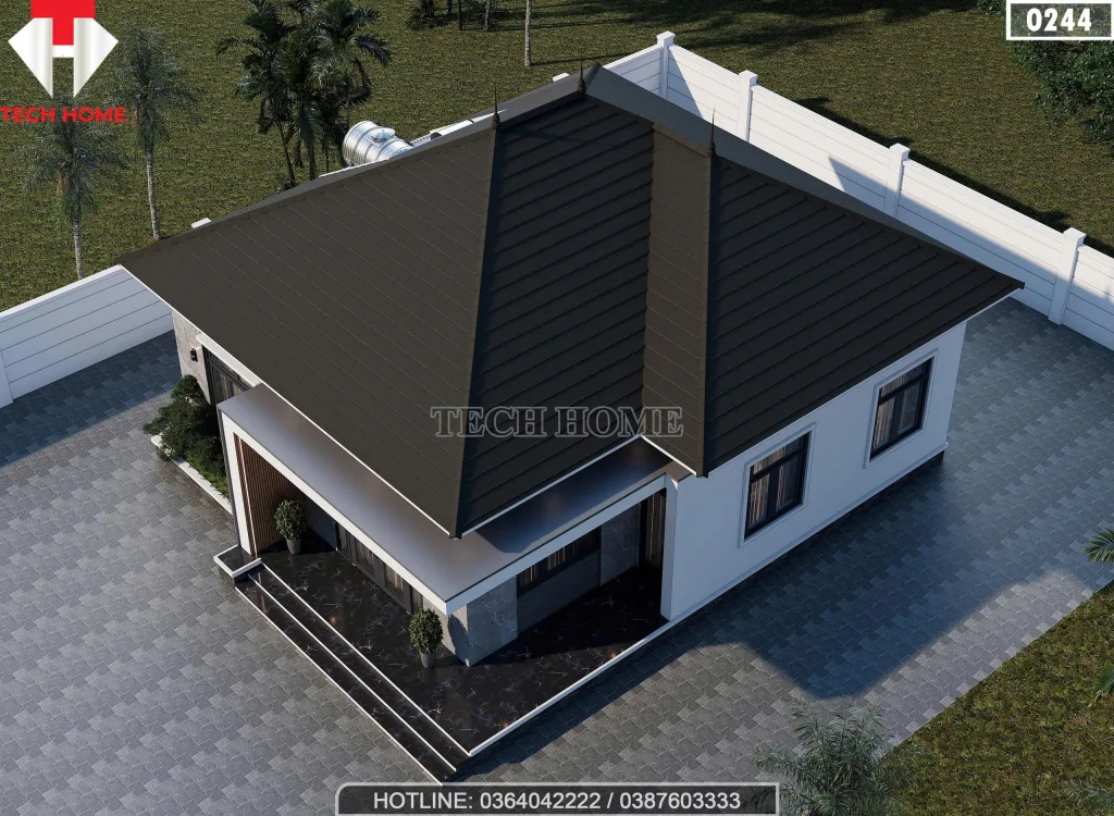 Tổng thể mẫu nhà cấp 4 mái Nhật 3 phòng ngủ diện tích 145m2 nhìn từ trên cao.