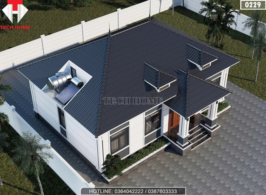 Tổng thể mẫu nhà mái Nhật 4 phòng ngủ nhìn từ trên cao với hệ mái xanh than sang trọng.