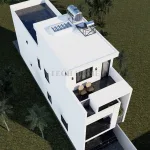 Tổng thể từ trên cao mẫu nhà phố 2 tầng 1 tum có sân phơi và phòng thờ thoáng đãng.