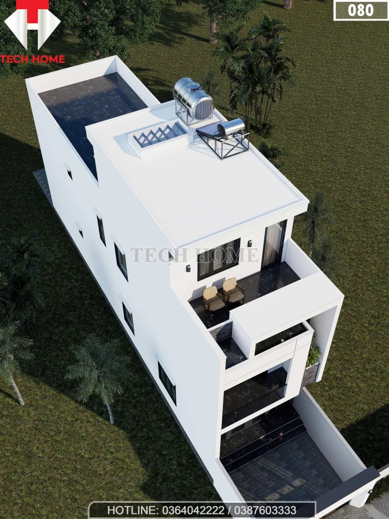 Tổng thể từ trên cao mẫu nhà phố 2 tầng 1 tum có sân phơi và phòng thờ thoáng đãng.