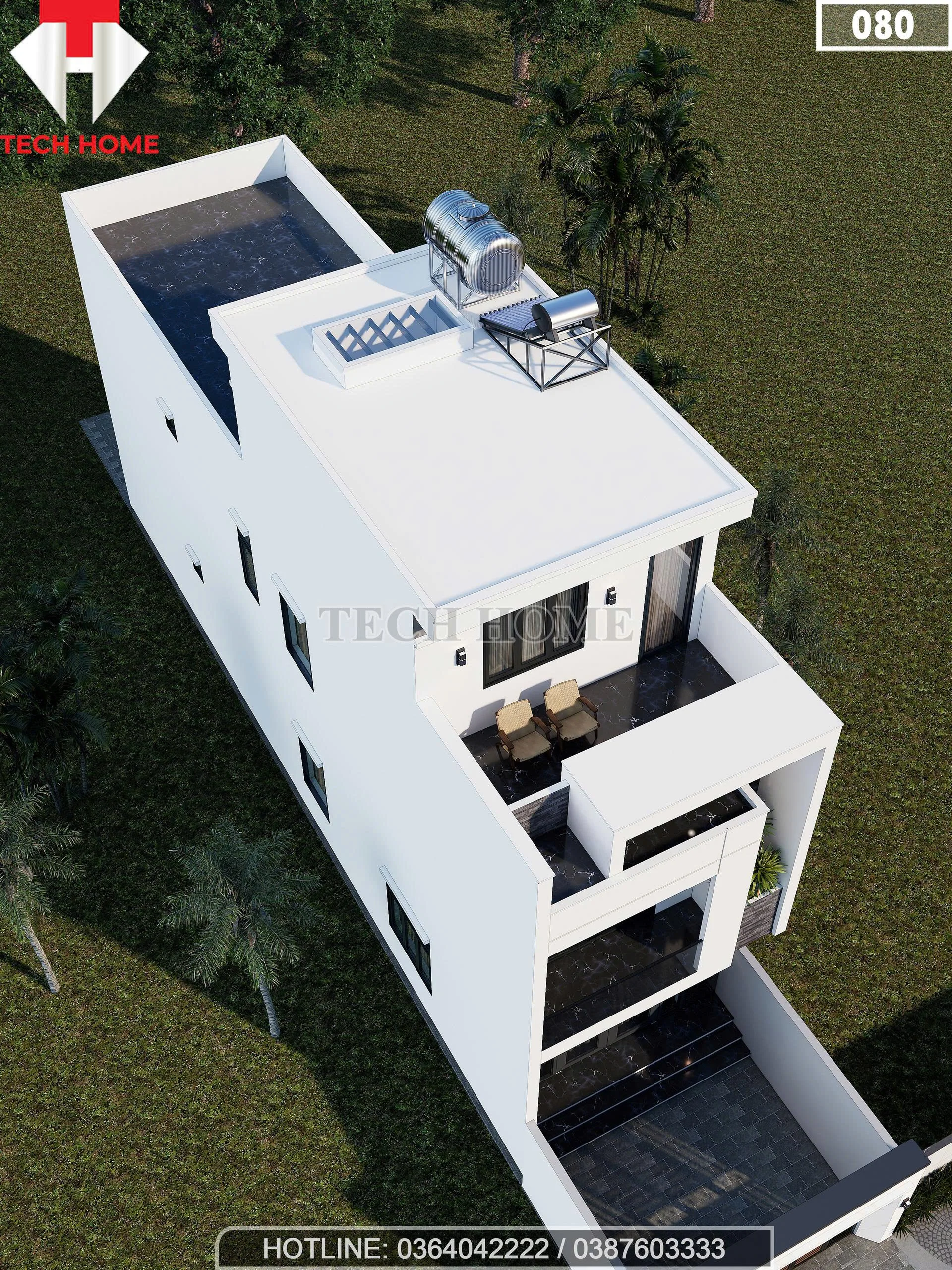 Tổng thể từ trên cao mẫu nhà phố 2 tầng 1 tum có sân phơi và phòng thờ thoáng đãng.