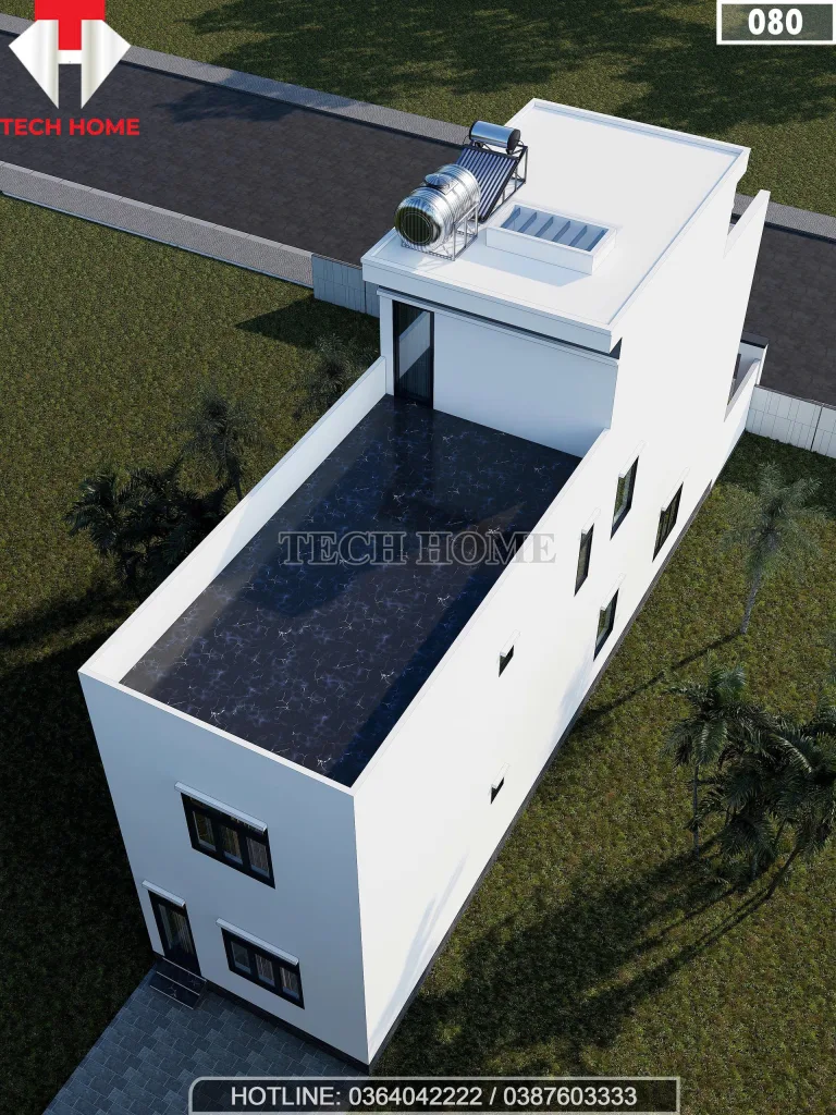 Tổng thể mặt sau mẫu nhà phố 2 tầng 1 tum