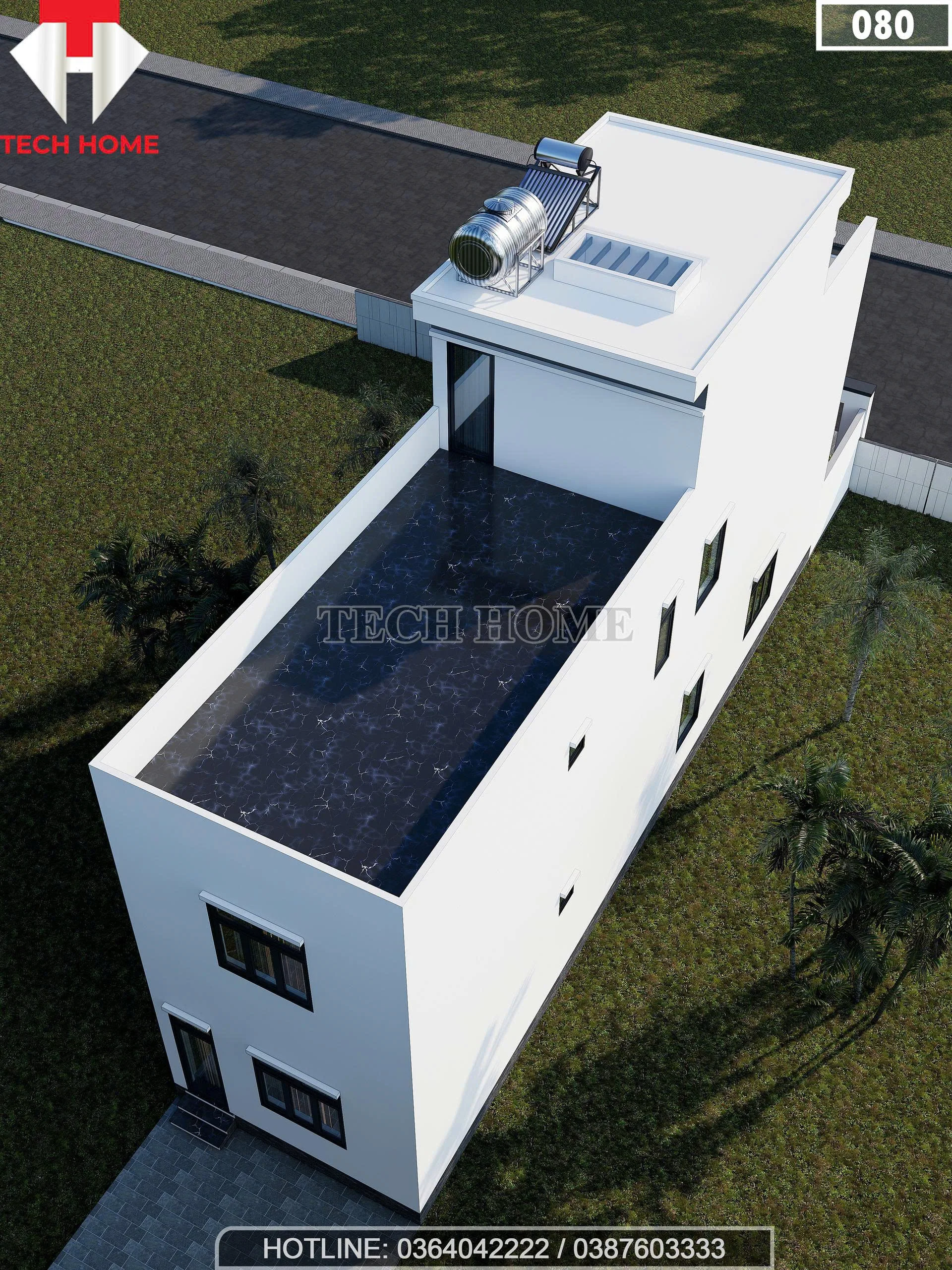 Tổng thể mặt sau mẫu nhà phố 2 tầng 1 tum