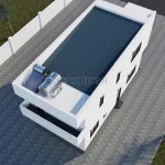 Tổng thể mẫu nhà phố 2 tầng hiện đại nhìn từ trên cao với hệ thống năng lượng mặt trời.