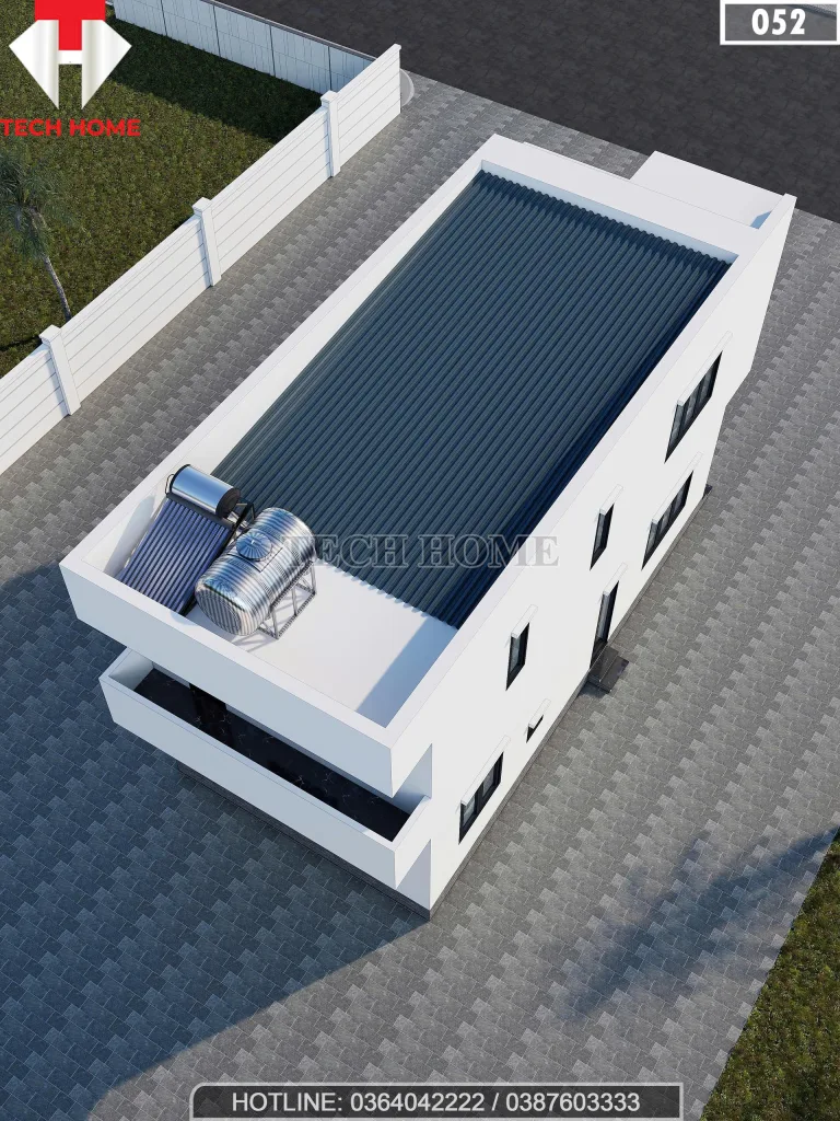 Tổng thể mẫu nhà phố 2 tầng hiện đại nhìn từ trên cao với hệ thống năng lượng mặt trời.