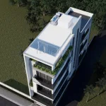 Tổng thể mẫu nhà phố hiện đại 5 tầng tại Sóc Sơn nhìn từ trên cao với hệ mái kính và sân thượng rộng.