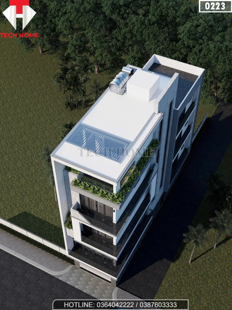 Tổng thể mẫu nhà phố hiện đại 5 tầng tại Sóc Sơn nhìn từ trên cao với hệ mái kính và sân thượng rộng.
