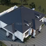 Tổng thể mẫu nhà vườn 1 tầng 4 phòng ngủ diện tích 173m2 lợp ngói màu xanh than.