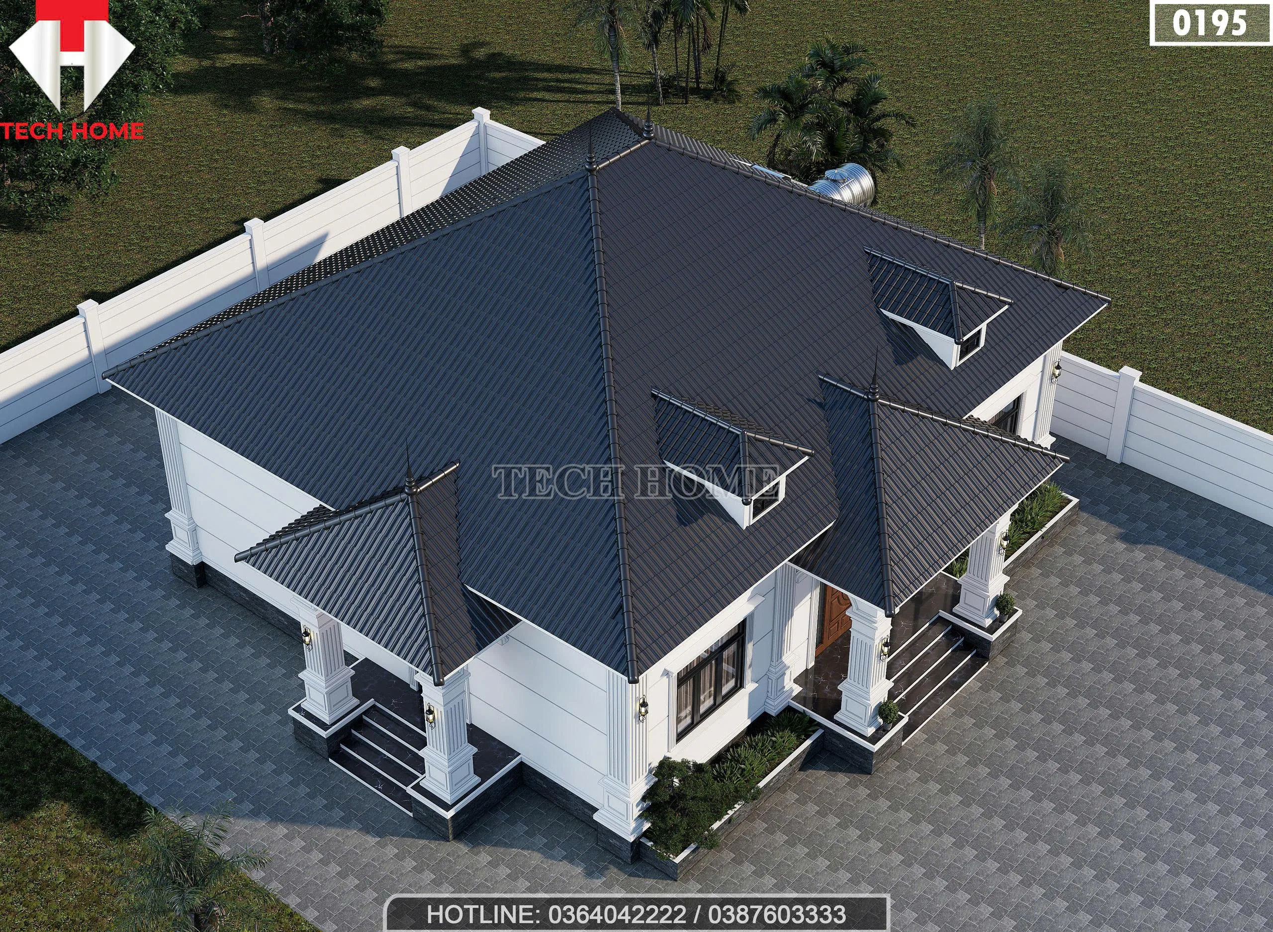 Tổng thể mẫu nhà vườn 1 tầng 4 phòng ngủ diện tích 173m2 lợp ngói màu xanh than.