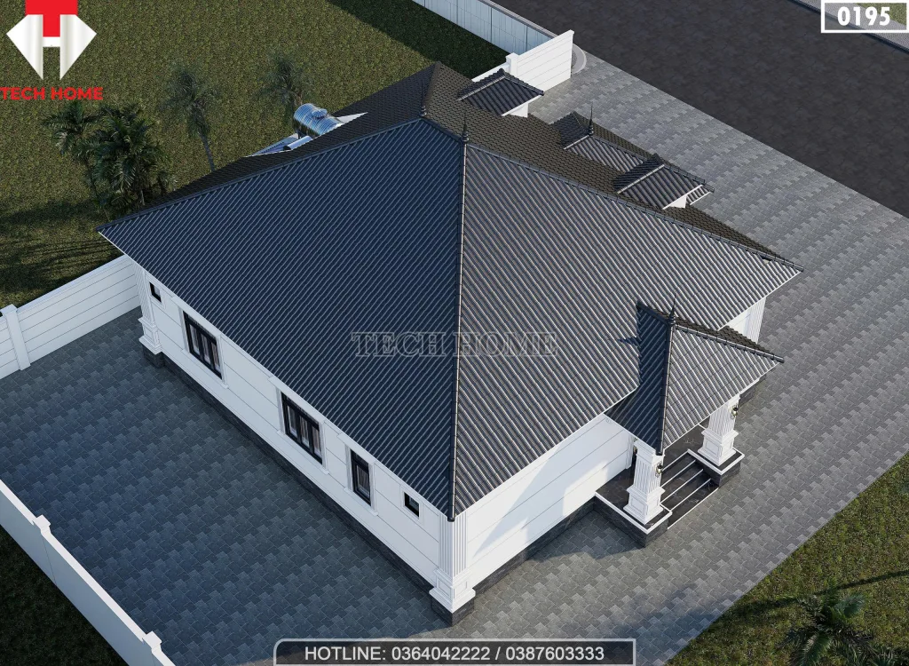 Tổng thể mặt sau mẫu nhà vườn 1 tầng 4 phòng ngủ