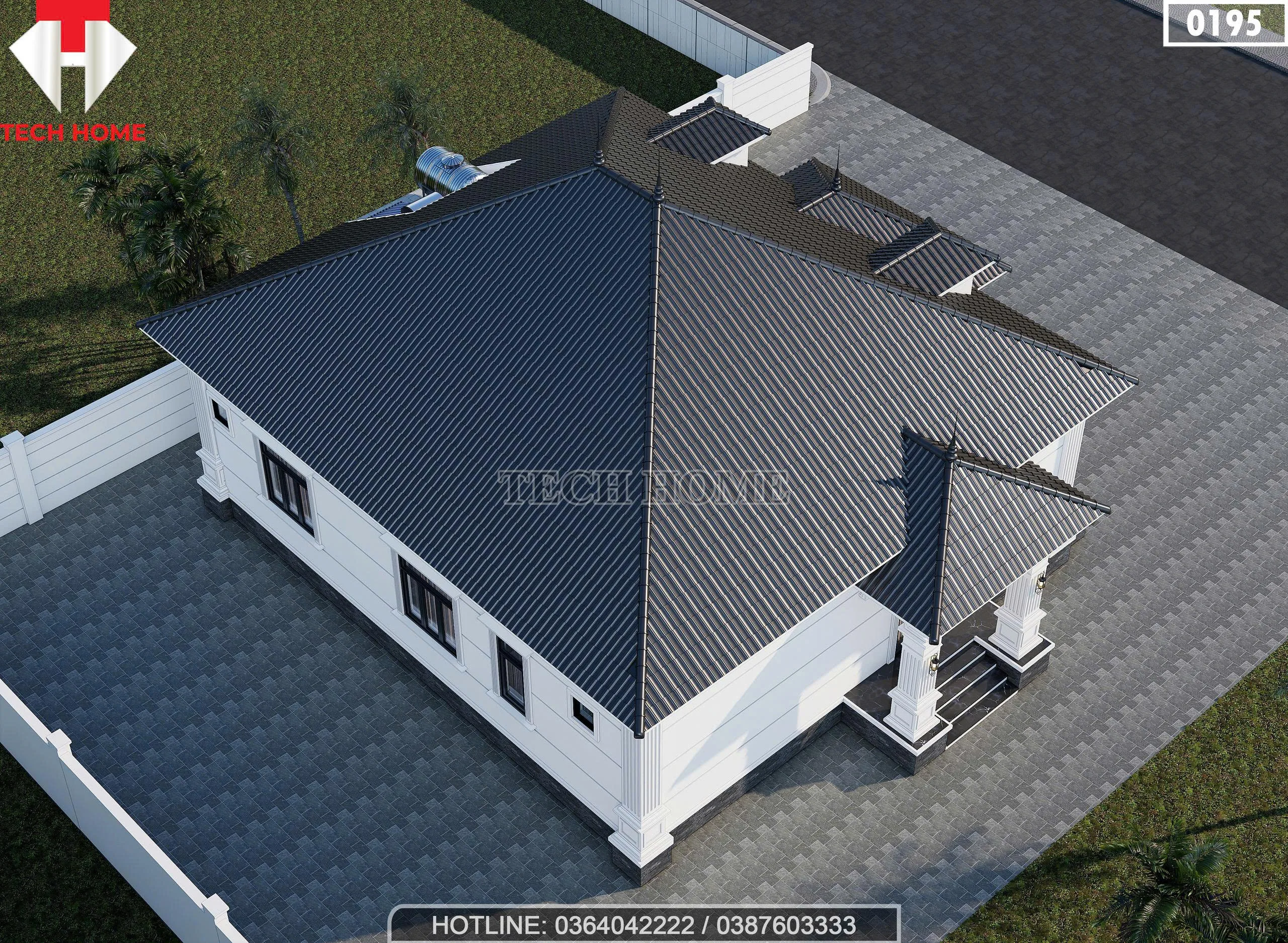 Tổng thể mặt sau mẫu nhà vườn 1 tầng 4 phòng ngủ