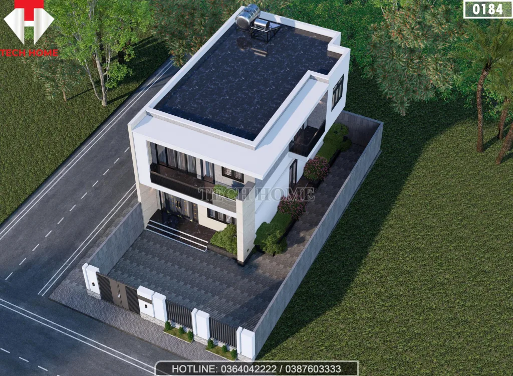 Tổng thể mẫu thiết kế nhà đẹp tại Hưng Yên nhìn từ trên cao với hệ mái bằng và không gian xanh thoáng đãng.