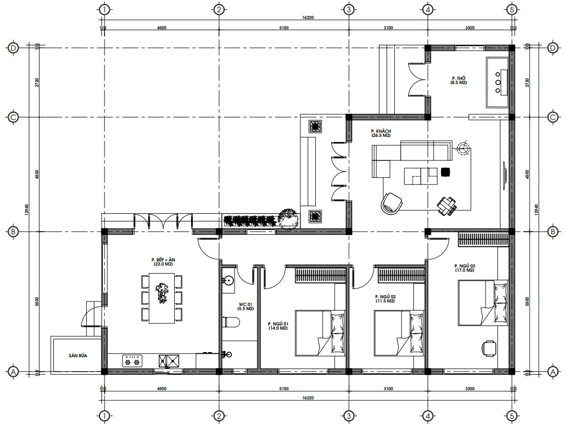 Bản vẽ bố trí công năng tầng 1 mẫu nhà cấp 4 đẹp diện tích 145m2 của Techhome.