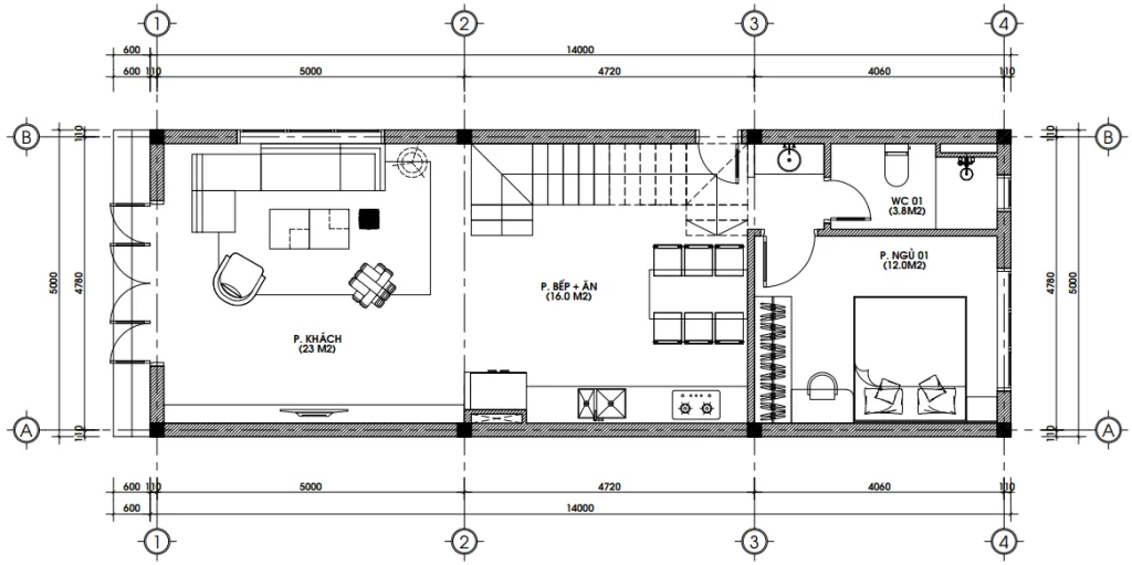 Bản vẽ bố trí mặt bằng công năng tầng 1 diện tích 70m2 của mẫu thiết kế nhà đẹp Hải Phòng gồm phòng khách, bếp ăn và 1 phòng ngủ.