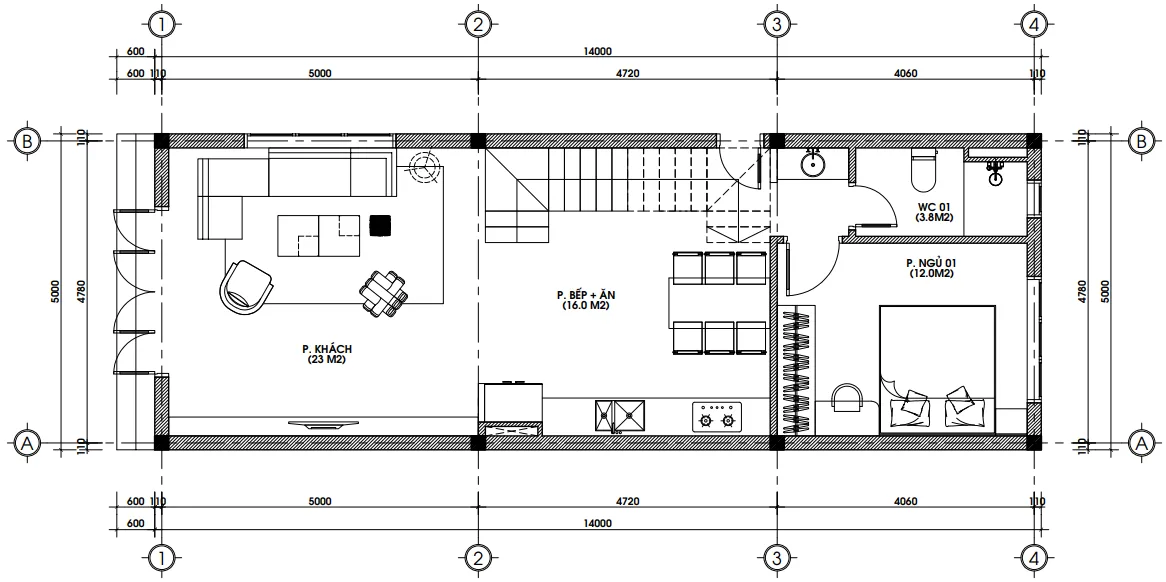 Bản vẽ bố trí mặt bằng công năng tầng 1 diện tích 70m2 của mẫu thiết kế nhà đẹp Hải Phòng gồm phòng khách, bếp ăn và 1 phòng ngủ.