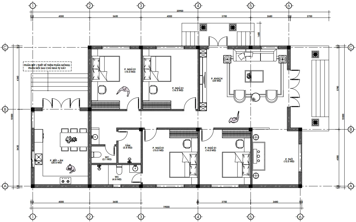 Bản vẽ chi tiết mặt bằng bố trí công năng tầng 1 mẫu nhà mái Nhật 1 tầng diện tích 150m2.
