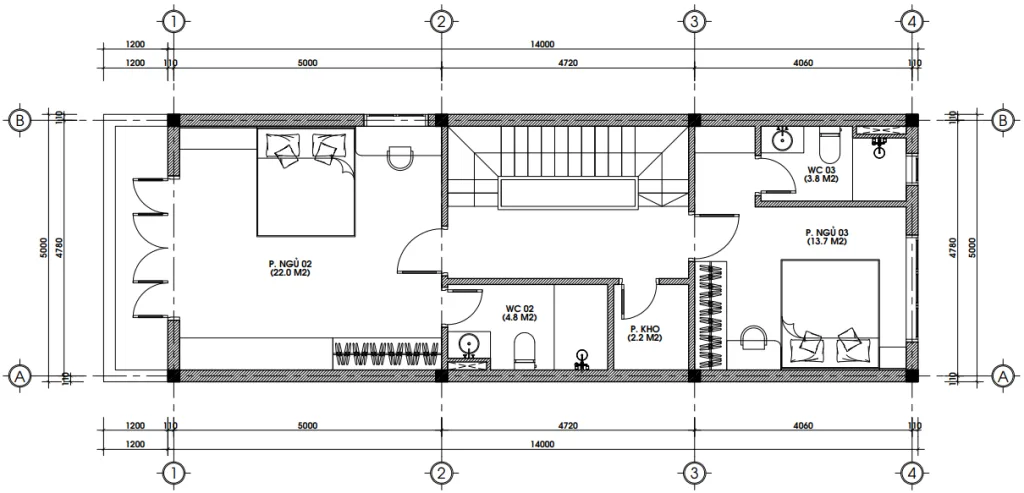 Bản vẽ kỹ thuật mặt bằng công năng tầng 2 bố trí 2 phòng ngủ lớn, hệ thống nhà vệ sinh khép kín và phòng kho gia đình tiện lợi.